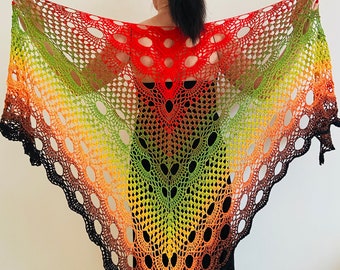 from USA Red Green Orange Shawl, Boho Shawl Cotton, Triangle Fringe Shawl, Gradient Shawl, Festival Shawl Ombre Crochet, Length 94"/240cm