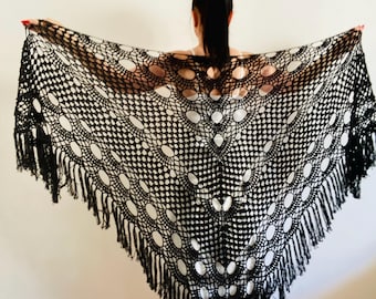 Black Organic Cotton Bridal Shawl, Hand-Knit Wedding Wrap, Fringe Evening Shoulder Cover-Up