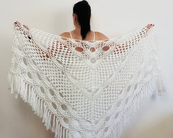 White Wedding Shawl Wrap, Cotton Triangle Shawl Fringe, Bridal Shoulders Wrap, Boho Bride Shawl 77