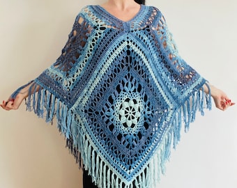 Blue cotton Woman Poncho Fringe summer, White wool poncho, emerald hippie alpaca Poncho Mohair warm wpar USA