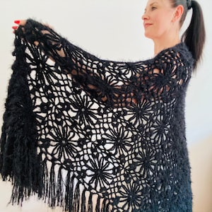 Black Bridal Shawl Wrap Fringe Wedding Triangle Large Lace Goth Scarf Bride Cover up Bridesmaid Wrap Gray Witchy Halloween Shawl Silver Blue