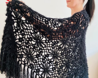 Schwarzer Brautspitzen-Schal, Hochzeit Plus Size Fringe Wrap