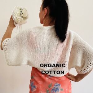 from USA White women bolero shrug short sleeves organic cotton shoulders wrap blue cover up crochet sweater loose crop summer knit jacket