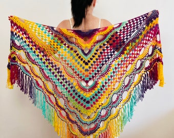 Colored Wool Fringe Shawl, Orange Winter Wedding Evening Triangle Shoulder Wrap, Fall Bridesmaid Gift