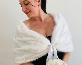 White Wedding Shawl, Plus Size Bridal Bolero, Large Bride Wrap, Bridesmaid Gift