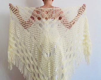 from USA White Wedding Shawl Hand Crocheted, Ivory Bridal Shawl Fringe Plus Size Bride Shawl, Bridesmaid Triangle Shawl Length 106"/270cm