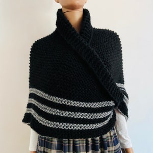 from USA OUTLANDER SHAWL Wool Striped Triangle Shawl, Light Blue Sontag Shawl with button for fastening, Mothergift Black Gray, Fraser Ridge