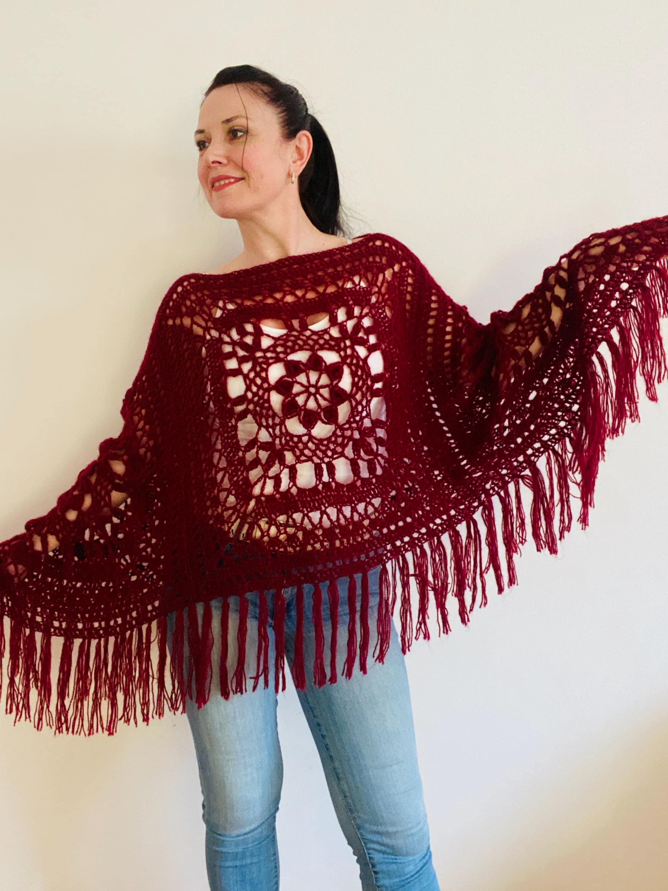 Bordo poncho women fringe wool poncho cape mohair warm winter poncho hippie poncho wrap crochet