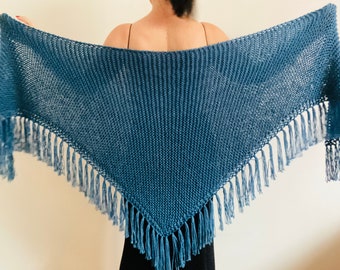 Blue Wedding Shawl Fringe Alpaca Bride Wool Bridal Shawl Triangle Knit Shoulder Wrap Evening Shawl, Plus Size Long Shawl USA