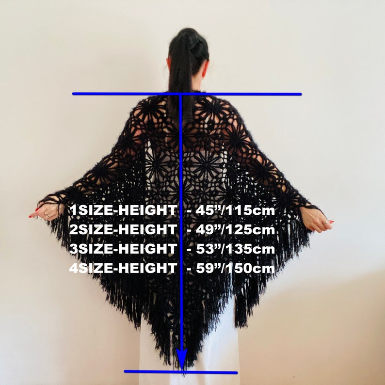May include: A black, open-weave shawl with a floral pattern and fringe. The height measurements are provided: 45 inches (115cm), 49 inches (125cm), 53 inches (135cm), and 59 inches (150cm).