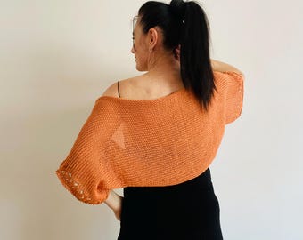 Orange Bridal Bolero Shrug, Cinnamon Organic Cotton Short Sleeve Wrap, Wedding Dress Cover Up