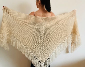 Beige alpaca shawl fringe wedding white bridal shawl, fall winter bride shoulder wrap bridesmaid Mohair triangle capelet mother day gift 77