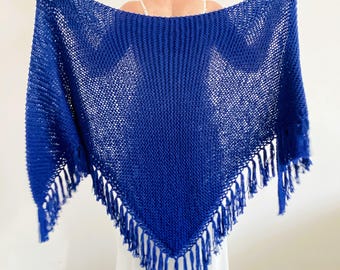 Royal Blue Alpaca Wedding Fringe Shawl, Knit Wool Formal Bridal Wrap, Bridesmaid Cover-up