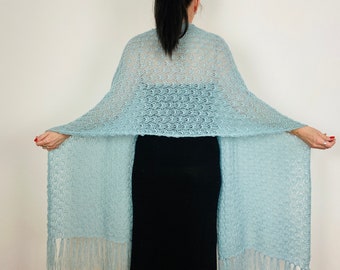 Light blue bridal shawl wrap wool wedding shawl fringe aqua plus size bride shawl pashmina scarf bridesmaid knitted rectangular shawl