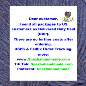 May include: A white card with blue text that reads "Dear customer, I send all packages to US customers as Delivered Duty Paid (DDP). There are no further costs after ordering." Includes website and social media links.