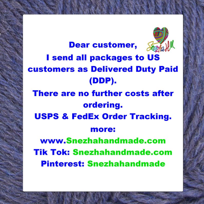 May include: A white card with blue text that reads "Dear customer, I send all packages to US customers as Delivered Duty Paid (DDP). There are no further costs after ordering." Includes website and social media links.