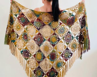Beige Lace Shawl with Fringe: Crochet Triangle Wedding Wrap