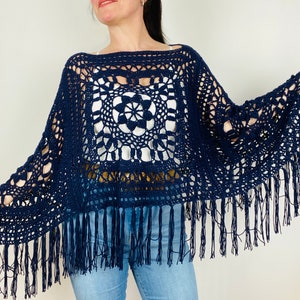 2-5 days to USA Blue Cotton Poncho Women, Navy Plus Size Boho Poncho Fringe