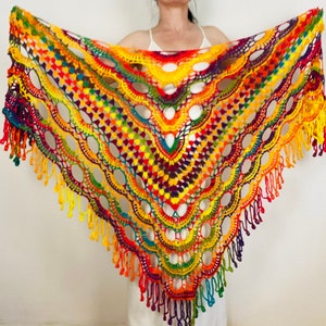 Rainbow Shawl Fringe Neon Poncho women Pride Man Festival Crochet Triangle Wrap Vegan unisex poncho men crochet festival vegan poncho 88