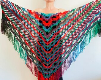 Red Wool Fringe Shawl, Boho Plus Size Rainbow Festival Wrap, Evening Triangle Scarf  USA