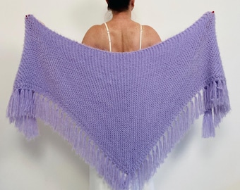 Lavender Winter Wedding Shawl Fringe, Knit Bridal Mohair Wrap Plus Size Bridesmaid Gift