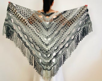 Black Wool Fringe Shawl: Large Triangle Halloween Evening Bridal Wrap, Bridesmaid Gift