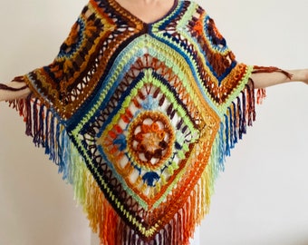 Beige Plus size Poncho Hood Women, Gray Hippie wool Shawl, Loose knit fringe vest, Hand knit triangle lace scarf Evening Wraps