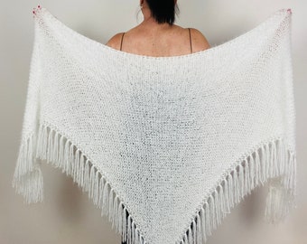 White alpaca shawl fringe fall winter wedding beige bridal shawl, bride capelet bridesmaid warm shoulder wrap Mohair triangle wool gift