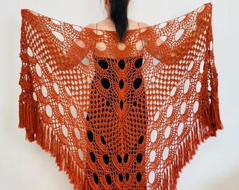 Burnt Orange Cotton Shawl Fringe, Rusty Bridal Wrap Plus Size, Evening Stole