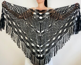 Alpaca Black Wedding Shawl fringe Wool Bridal Shawl women, Bride Triangle Shawl Fringe, Bridesmaid Shawl Plus Size