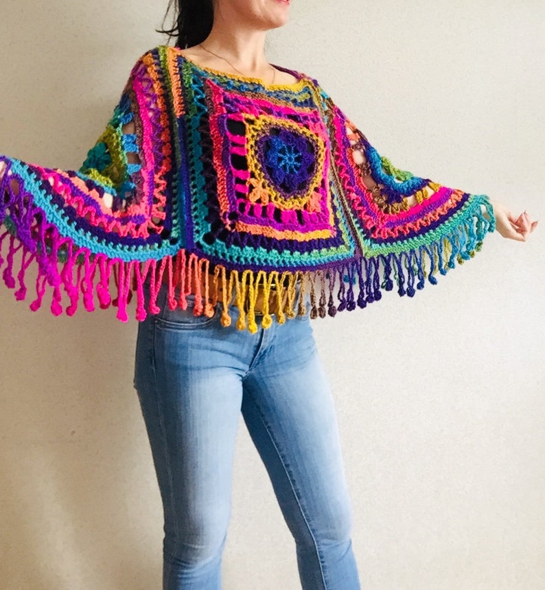 Rainbow Poncho Women Plus size Festival Vegan Pride Granny square Crochet Poncho Triangle Shawl Wraps Fringe