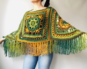Green poncho women rainbow plus size wool cape poncho sweater hand knit festival warm granny square poncho fringe pregnant sister gift