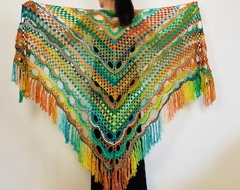 Green Wool Crochet Wool Fringe Shawl, Colorful Large Triangle Festival Scarf