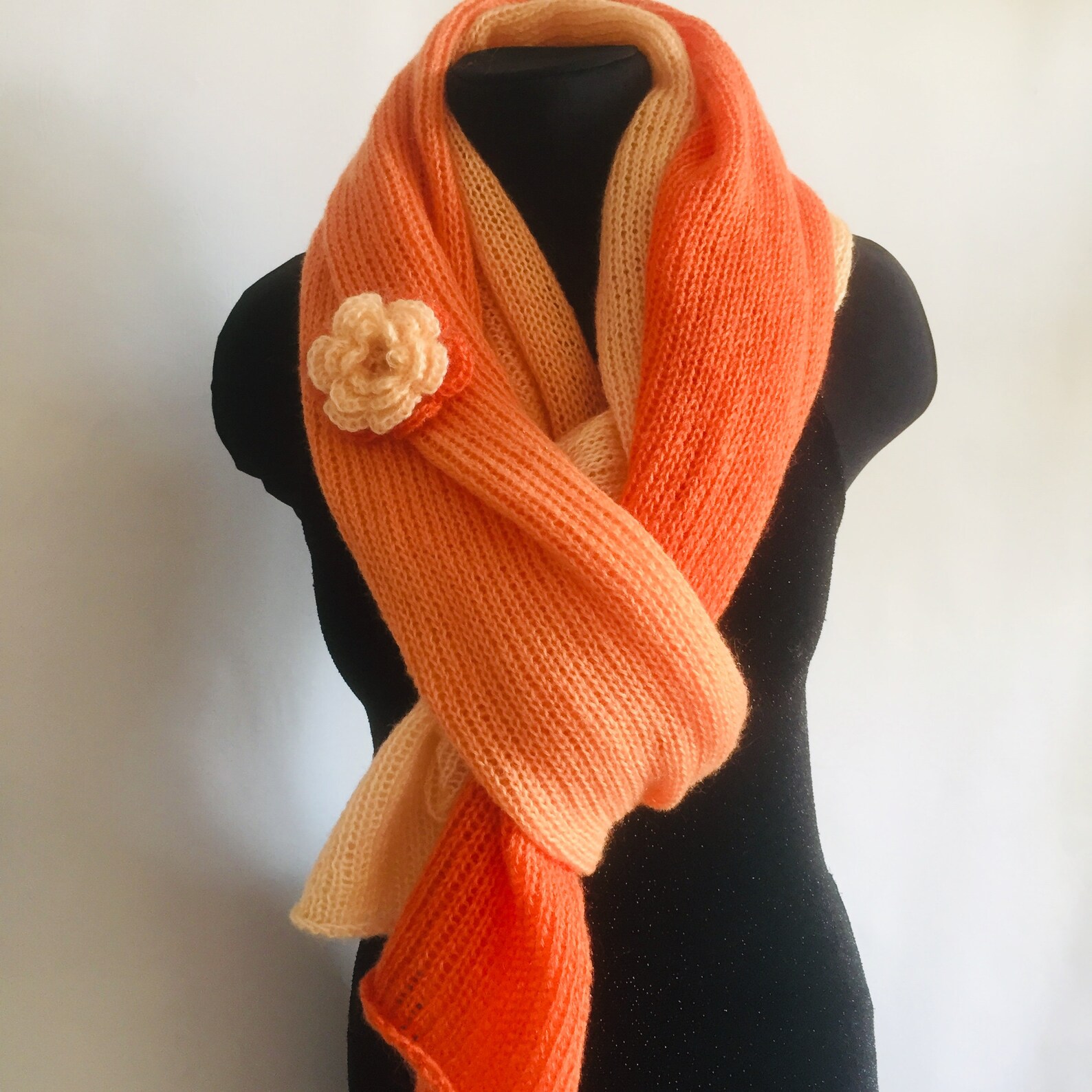 Mohair scarf women Neon long striped Orange Lace Gradient Etsy