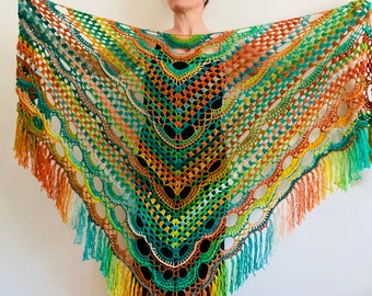 Green Orange Ombre Crochet Shawl, Wool Shawl Women, Triangle Shawl Fringe, Rainbow Shawl, Hippie Festival Shawl, Plus Size Gradient Shawl