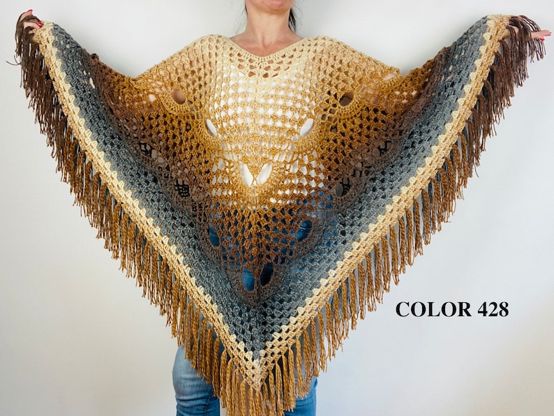 from USA Brown obsidian poncho women, gradient ombre crochet poncho, wool plus size poncho fringe, fall winter festival poncho cape image 3