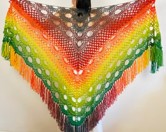 from USA Rainbow Gradient Shawl Fringe Women Plus Size Alpaca Wool Shawl, Triangle Winter Shawl, Multicolor Festival Shawl, Shoulders Wrap