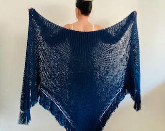 Navy Alpaca Bridal Shawl Fringe, Large Winter Wedding Blue Wool Wrap, Evening Bridesmaid Cover-up