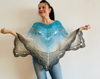 from USA Boho Poncho, Blue White Gradient Poncho, Ombre Crochet Poncho, Cotton Poncho, Beach Cover Up, Summer Poncho, Vegan Poncho