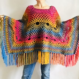 from USA Neon rainbow poncho color block poncho fringe cape hippie poncho geometric poncho cape coat granny square poncho festival clothes