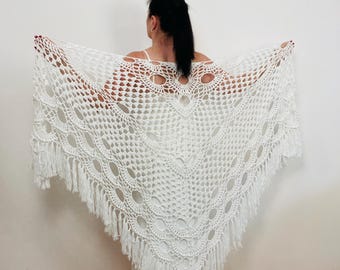 USA White Wedding Cotton Shawl Fringe, Beige Bridal Evening Wrap, Ivory Bridesmaid Bride