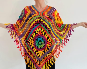 Rainbow Crochet Fringe Poncho: 70s Festival Hippie Wrap