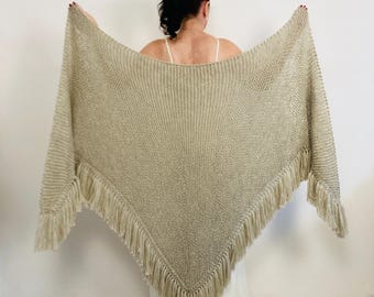 Beige Alpaca Wedding Fringe Shawl, Wool Bridal Shoulder Wrap, Plus Size