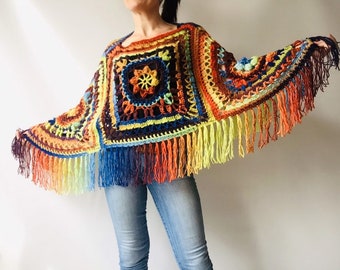 Blue poncho women fringe, Plus size hippie wrap  halloween shawl, Crochet oversized wool cape, Unisex Burnt Orange Brown Green