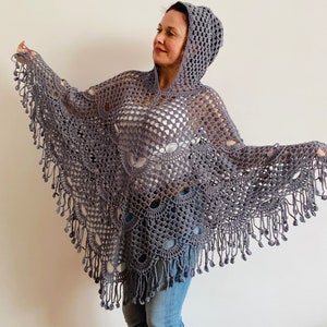 Gray Plus Size Poncho Women, Wool Hooded Poncho Fringe, Cotton Girls Poncho, Crochet Mohair Winter Poncho