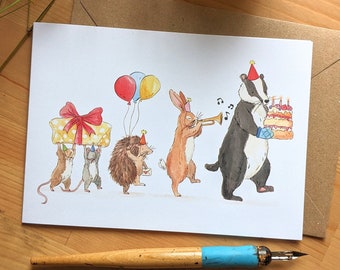 Woodland animal parade | Illustrated Birthday card | Badger, rabbit, mouse, hedgehog