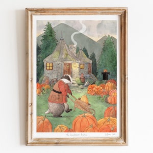 Les citrouilles du jardinier, impression d'art aquarelle, art de la citrouille, art mural cottagecore, art blaireau