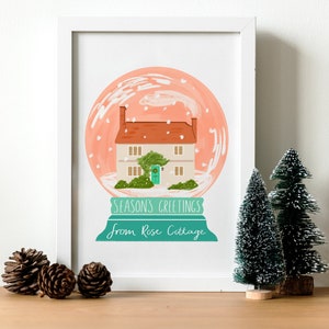 Home in a Snowglobe Portrait, House Portrait Print, Christmas gift, Custom house illustration, Personalised Christmas Present image 1
