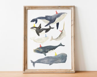 Impression d'illustration de baleines de fête, baleines avec des chapeaux, aquarelle, art mural mignon de pépinière d'océan, affiche de nature, décor de chambre d'enfants