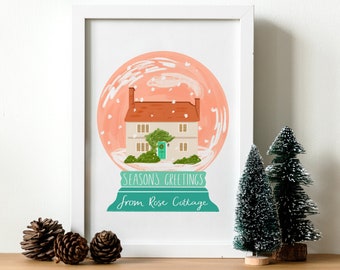 Home in a Snowglobe Portrait, House Portrait Print, Christmas gift, Custom house illustration, Personalised Christmas Present